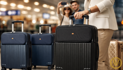 A traveler in business attire holding a black Velvet Vogue stylish cabin trolley bag in India with a built-in USB charging port, showing the telescopic handle and front padded tech compartment.