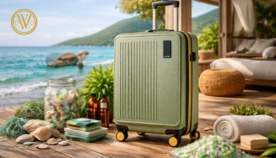 An emerald green Velvet Vogue stylish cabin trolley bag in India made from recycled materials, displayed in a tropical seaside setting to highlight sustainable luxury travel.