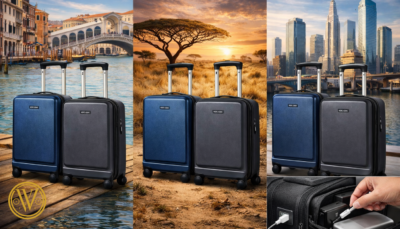 A collage showing stylish cabin trolley bags in India set against Venice and savanna backdrops, with a close-up of a cabin suitcase with USB ports being used to charge a phone.