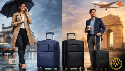 Professionals in Mumbai and Delhi navigating city landmarks with navy and black stylish cabin trolley bags in India, featuring water-resistant shells and smooth-glide wheels.