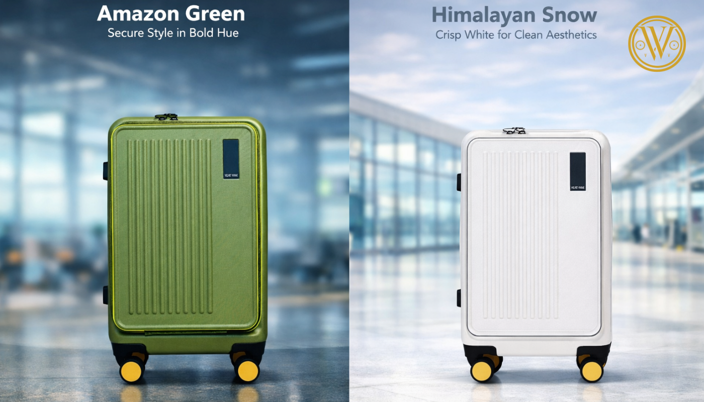 Two Velvet Vogue cabin luggage suitcases in lime green and crisp white featuring a convenient front laptop compartment for easy travel access.