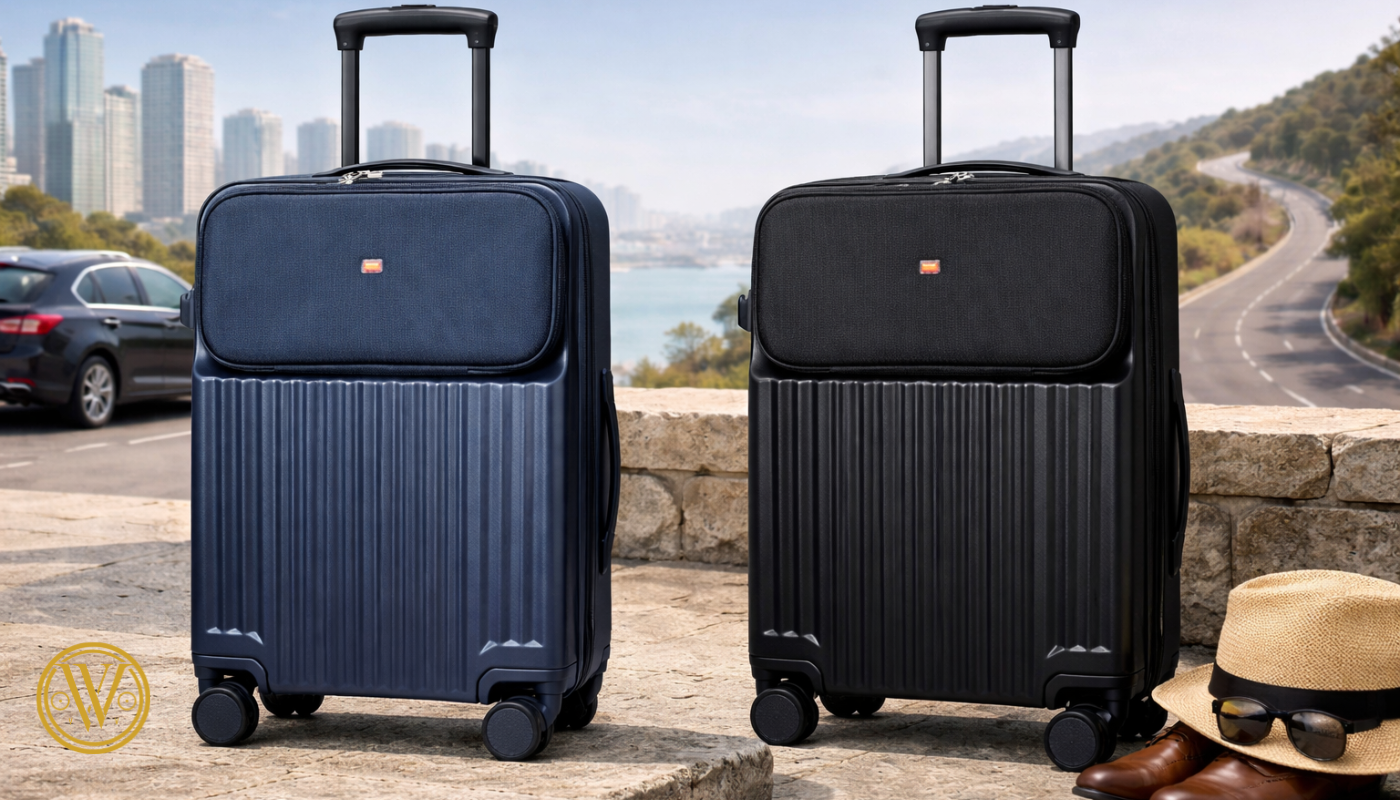 Comparison of navy blue and black premium hardshell trolleys from top cabin luggage brands in India, featuring front-access compartments and 360-degree spinner wheels.