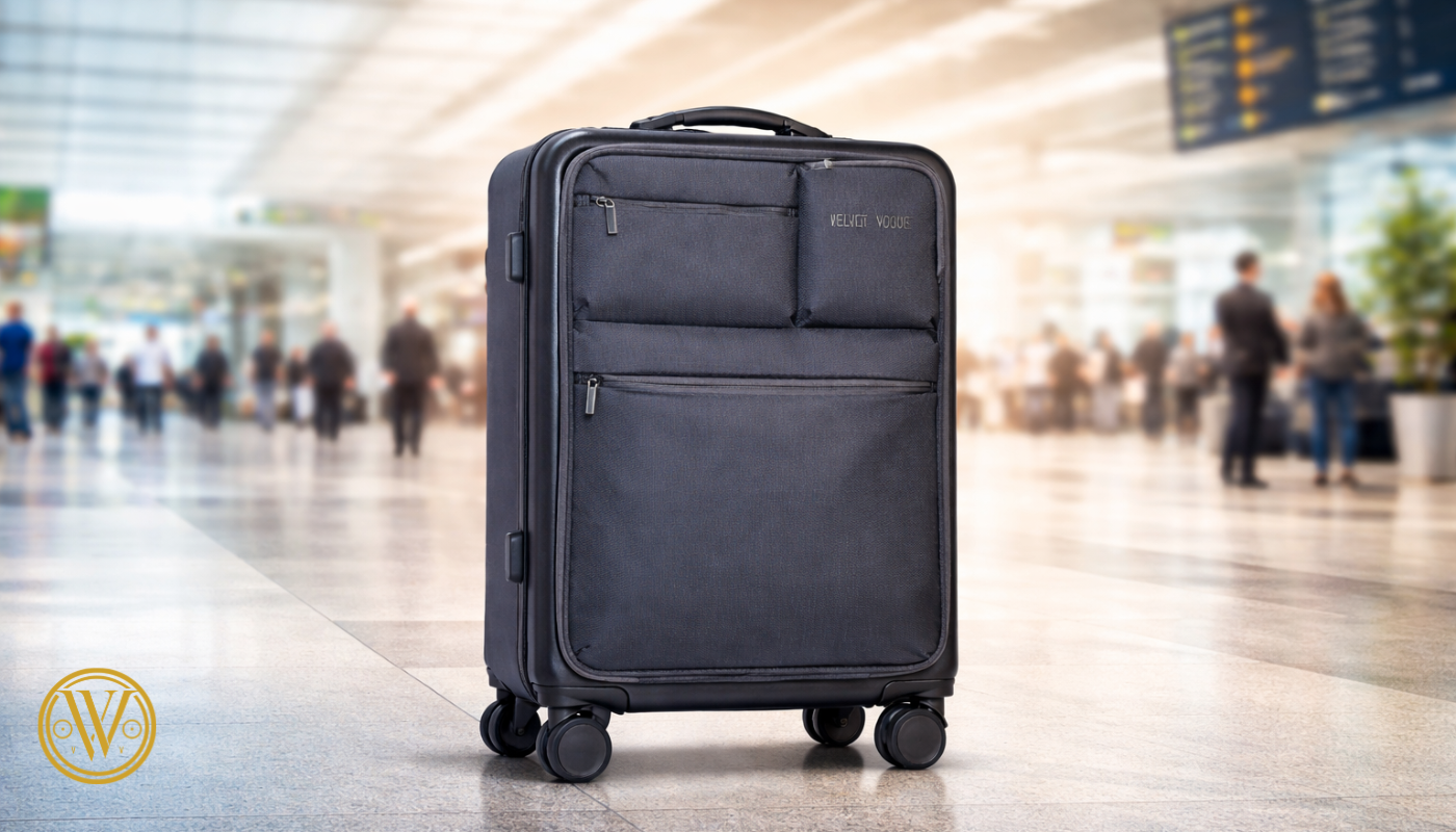 A black professional cabin bag from one of the top cabin luggage brands in India, featuring multiple external organizational pockets for laptops and business travel essentials.