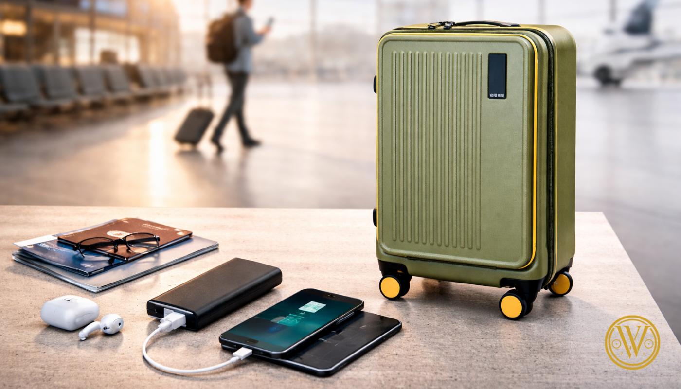 An olive green smart suitcase from a top cabin luggage brand in India, shown next to a smartphone and power bank to highlight integrated USB charging features.
