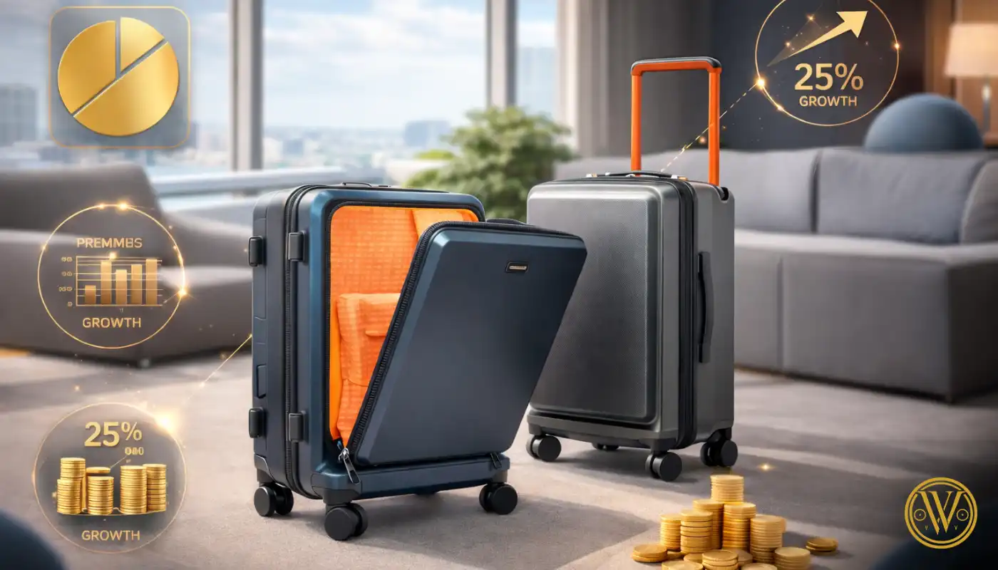 A side-by-side view of a teal and a grey premium travel cabin bag showing a front-opening laptop section with orange interior, highlighted by 25% growth infographics to represent rising travel trends in India.