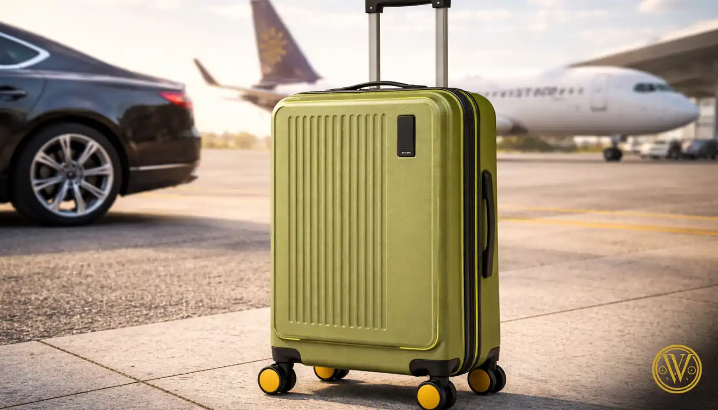 A vibrant olive green stylish cabin trolley bag featuring a textured durable shell and yellow-rimmed silent spinner wheels, standing on an airport runway next to a luxury car and a commercial aircraft.