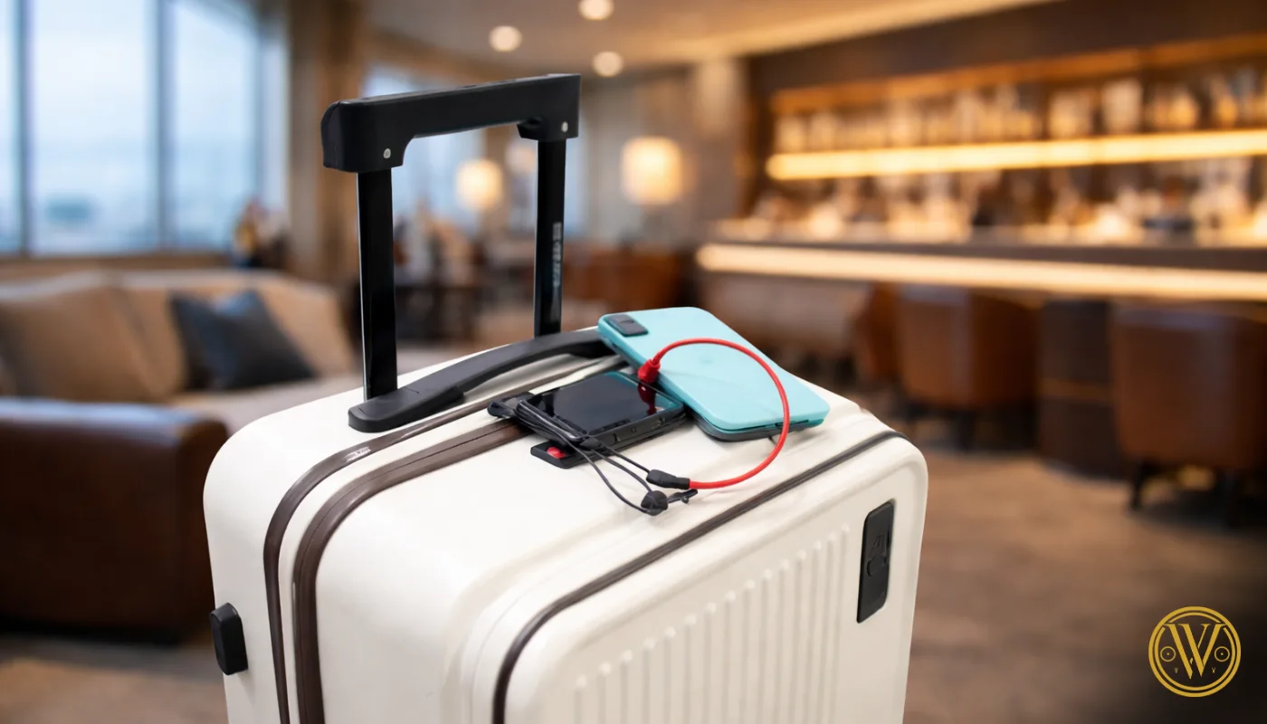 A close-up of a white stylish cabin trolley bag in a lounge setting, featuring a built-in USB charging port with a phone and red cable connected to the top of the luggage.