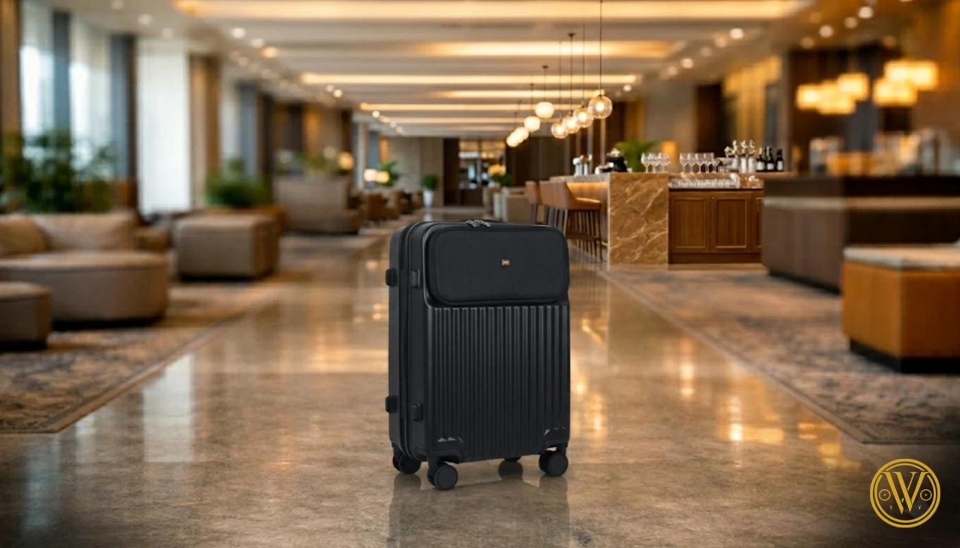 A matte black stylish cabin trolley bag featuring a vertical ribbed hardshell and a soft-top front compartment, displayed in a modern airport lounge with warm ambient lighting.