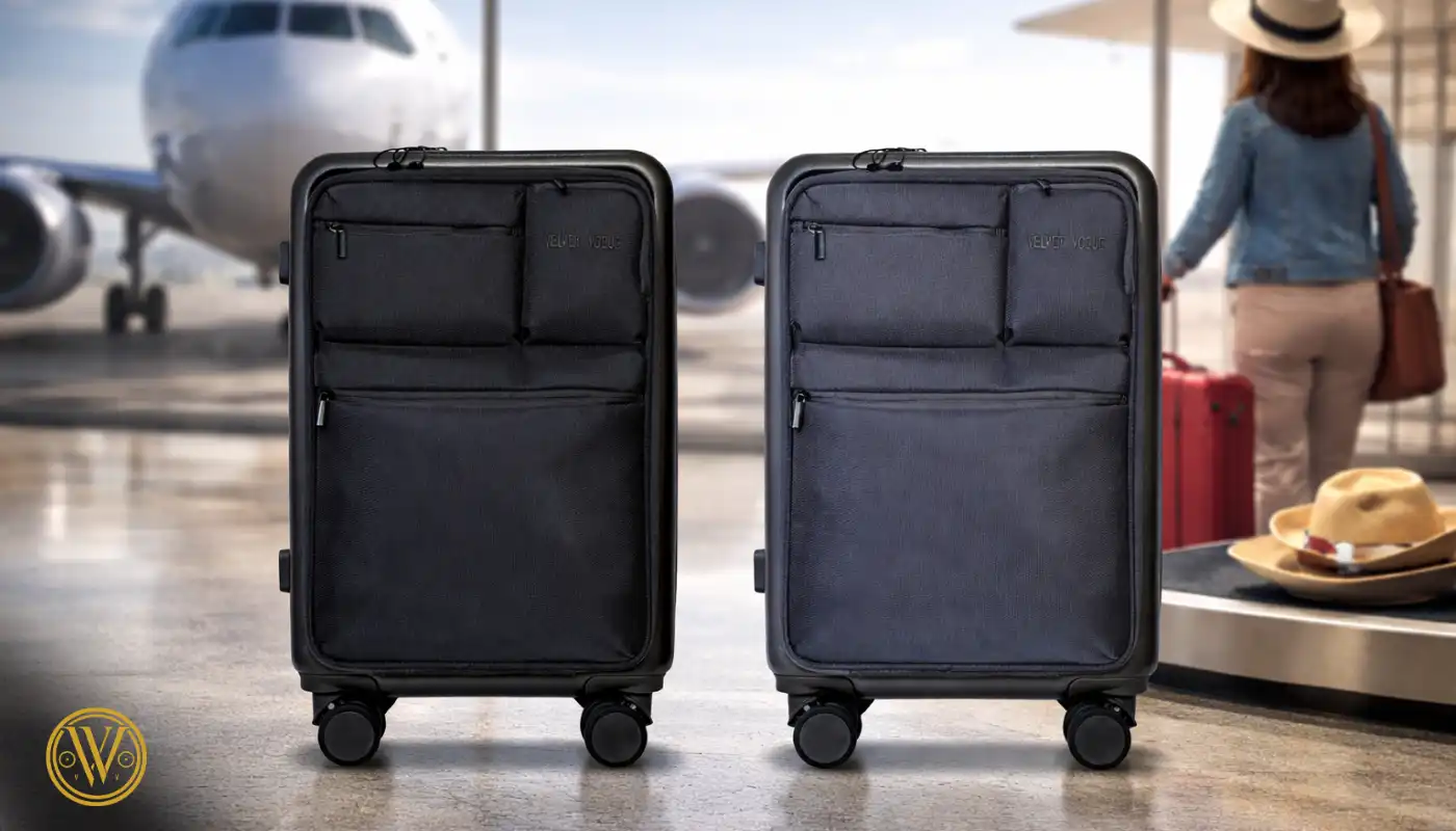 Two of the most stylish cabin trolley bags in India, featuring sleek black hardshell designs with multiple front-access compartments, positioned on an airport tarmac with a plane in the background.