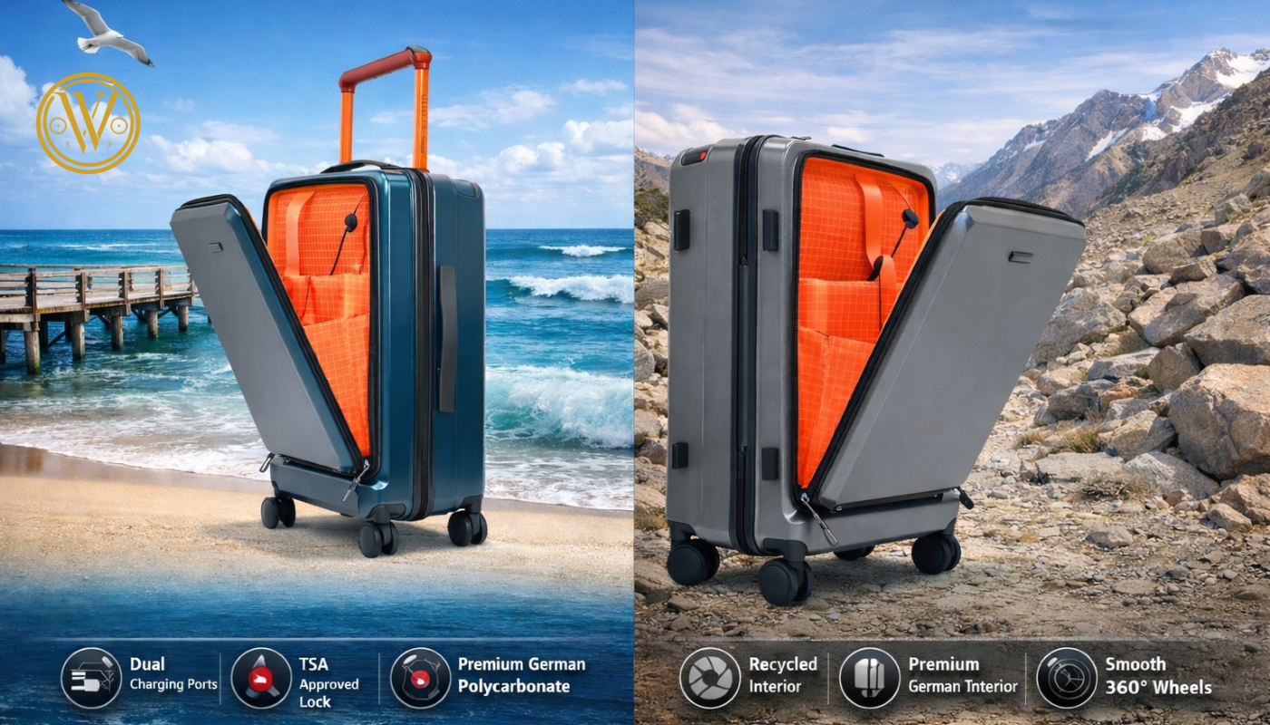 Durable Velvet Vogue cabin luggage with front laptop compartment open to show an orange interior, displayed against beach and mountain travel backdrops.