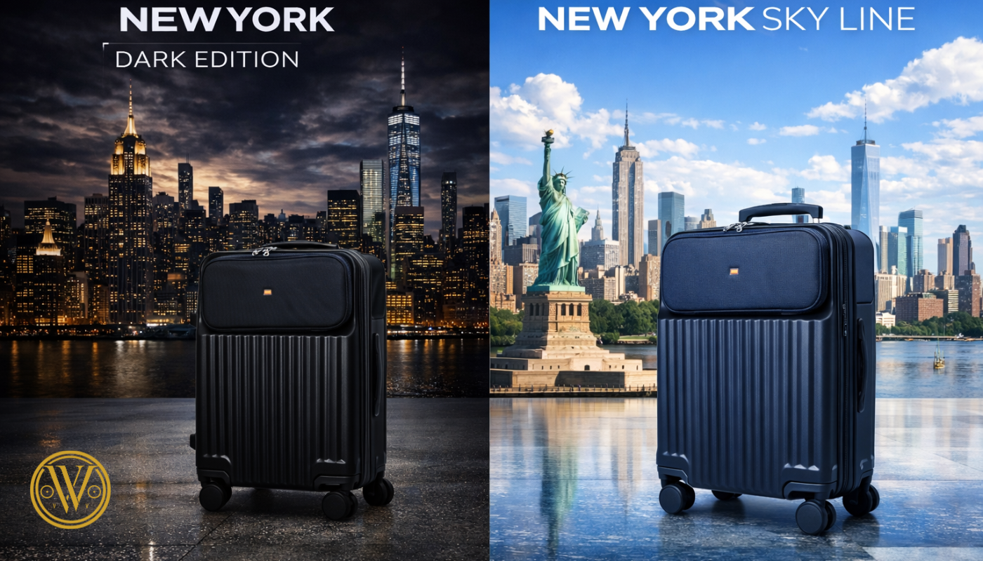 Black and navy blue Velvet Vogue cabin luggage with front laptop compartment shown against the New York City skyline at night and day.