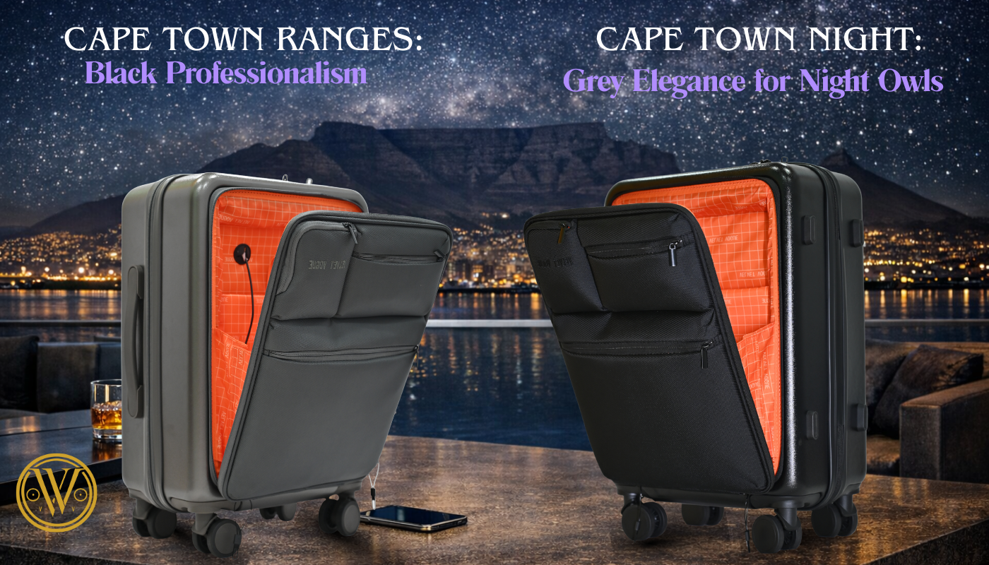 Cabin luggage with front laptop compartment open to show organized tech storage and orange lining against a Cape Town night backdrop.