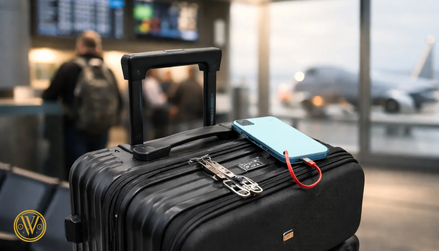A close-up of a black USB charging cabin trolley at an airport terminal with a smartphone charging on top via a built-in port.