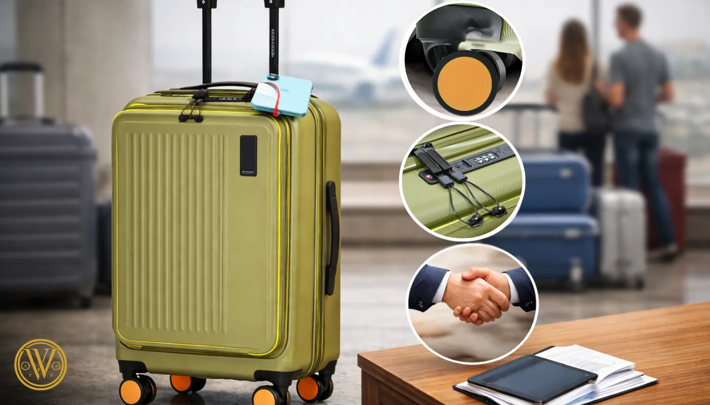 Amazon green USB charging cabin trolley featuring inset detail shots of its smooth-rolling wheels, secure TSA lock, and a professional handshake.