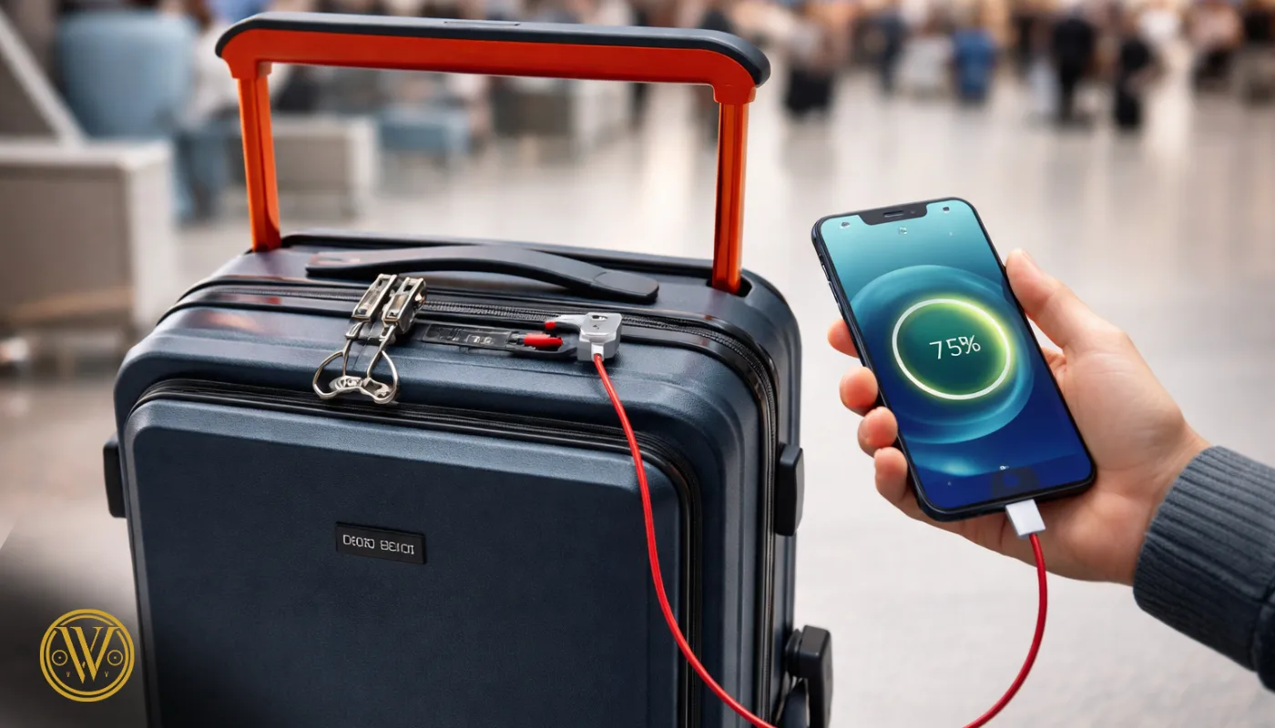 A navy blue USB charging cabin trolley being used to power a smartphone via a red cable in a busy airport terminal.