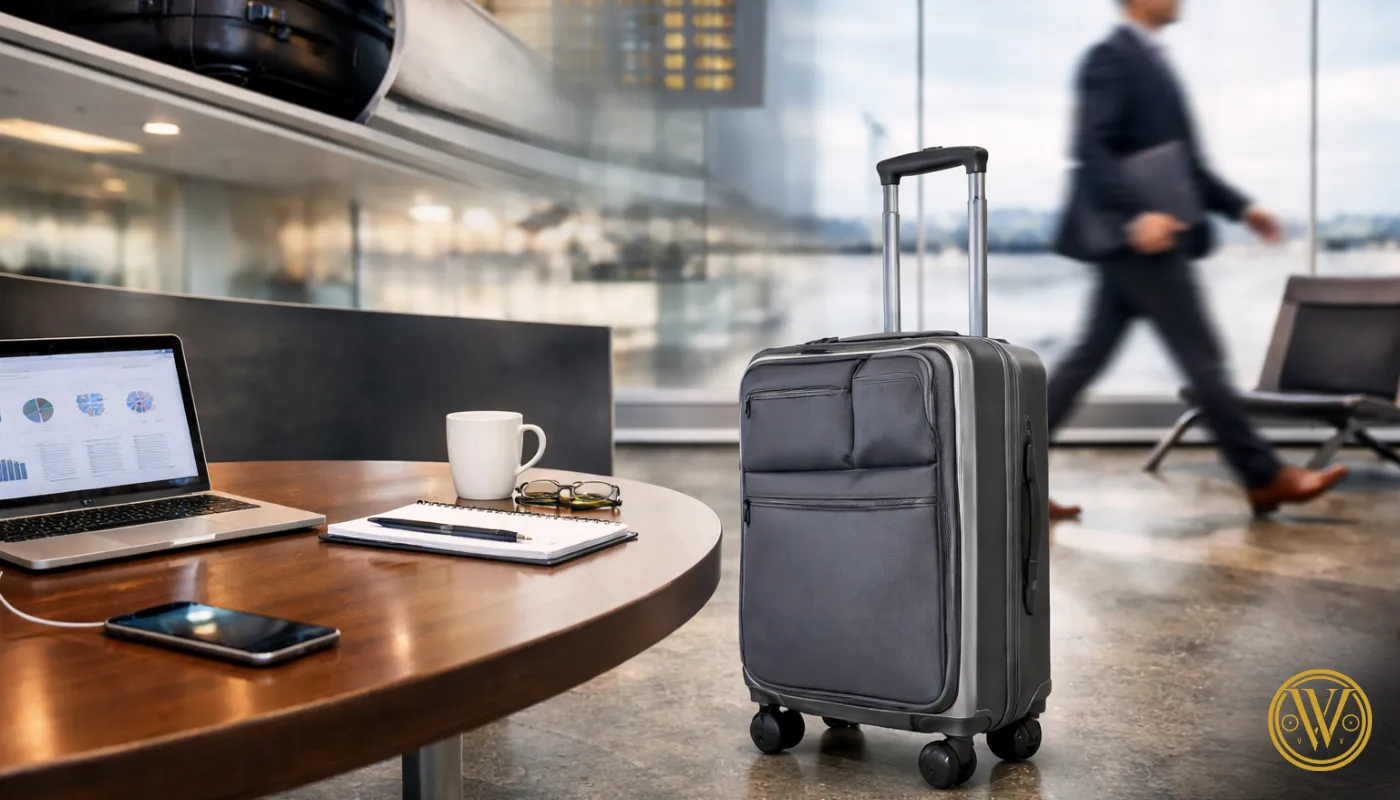 A charcoal grey business traveler cabin luggage bag next to a laptop and coffee, highlighting front pockets for easy tech access.
