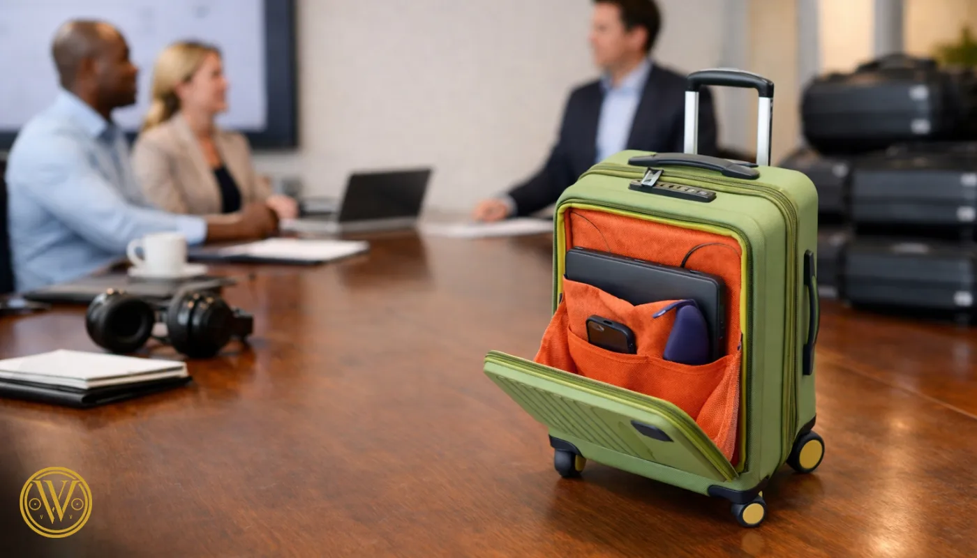 An olive green cabin bag with an open front compartment showing a laptop and phone, ideal for corporate gifting trolley bags.
