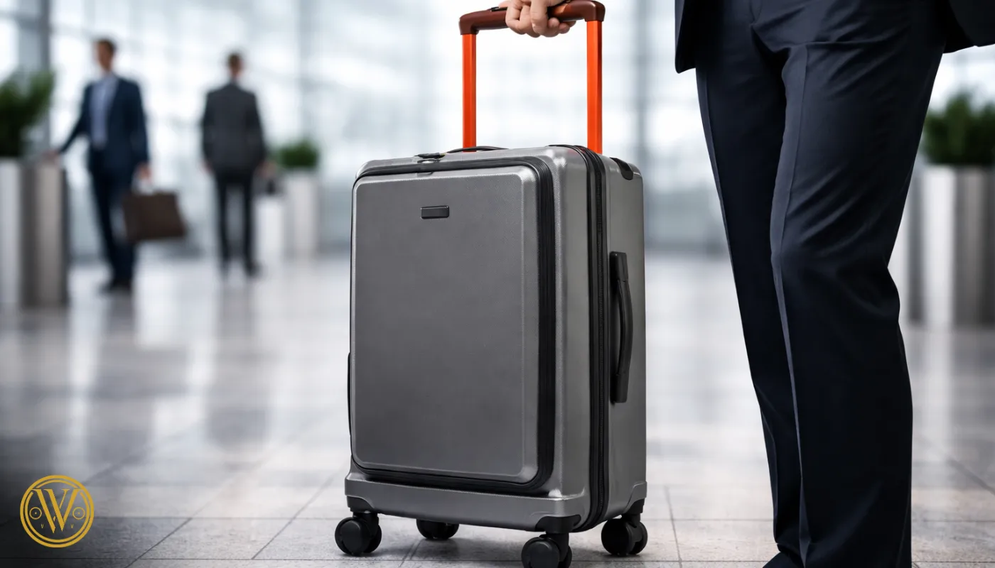 A professional in a navy suit rolling a sleek grey cabin trolley bag through a bright, modern airport terminal.