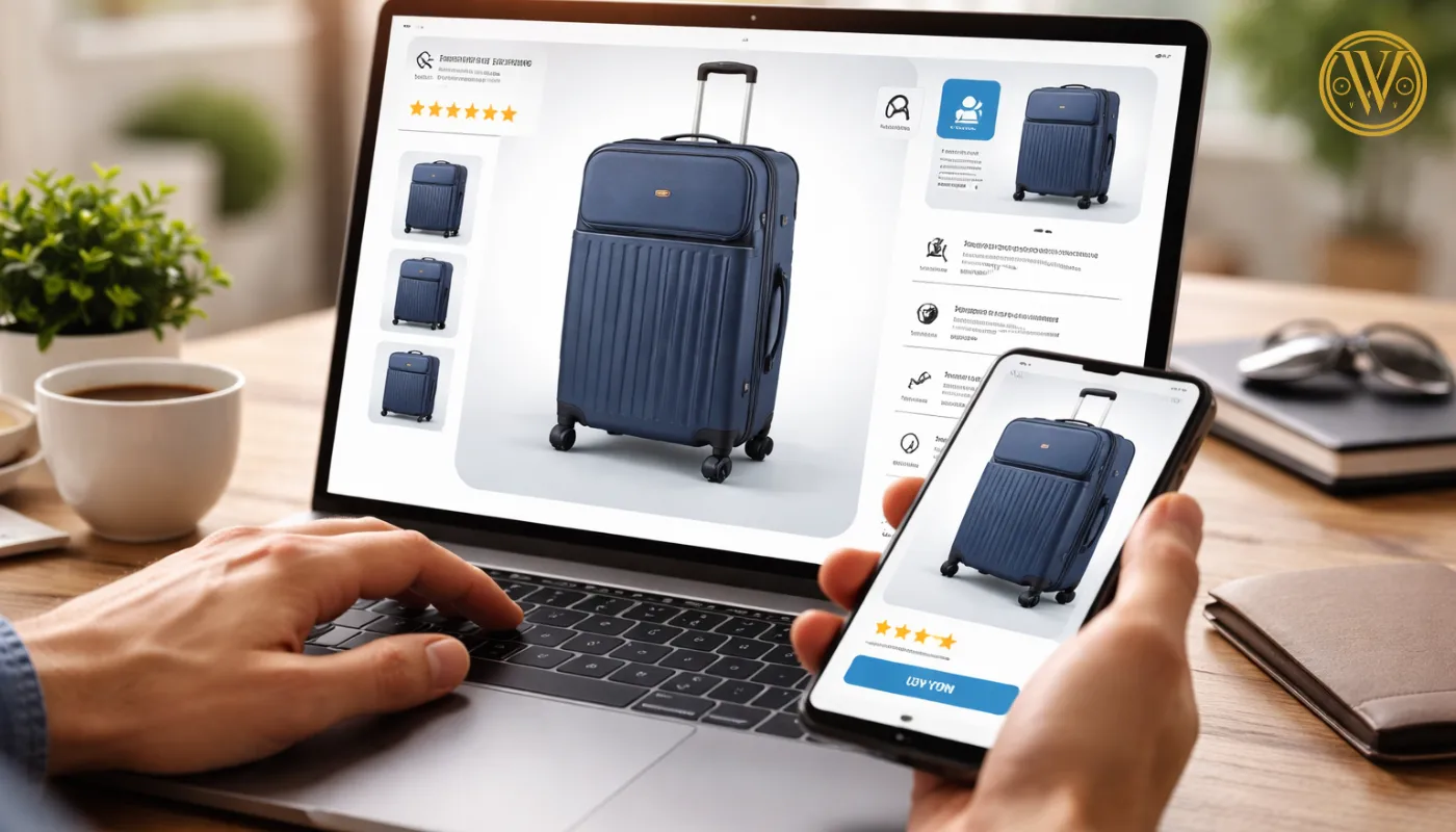 A person browsing for a premium trolley bag online using a laptop and smartphone to compare features and ratings.