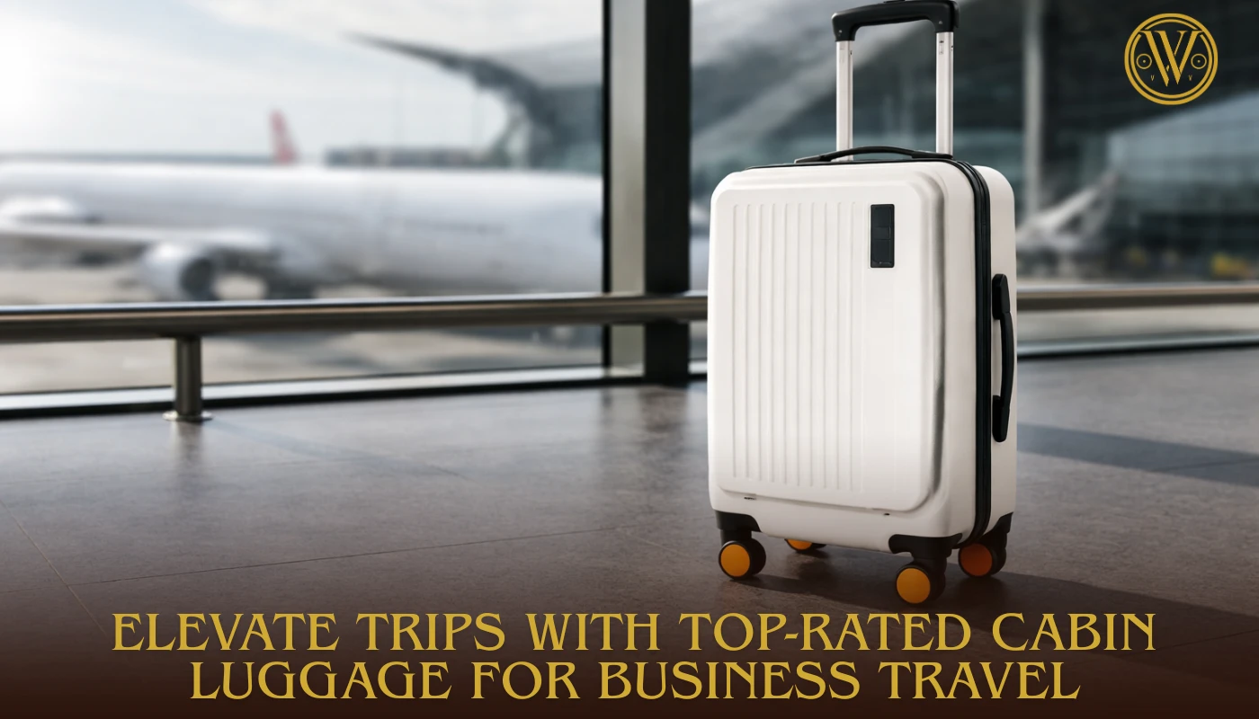 White hard-shell top-rated cabin luggage for business travel positioned in an airport terminal with a plane in the background.