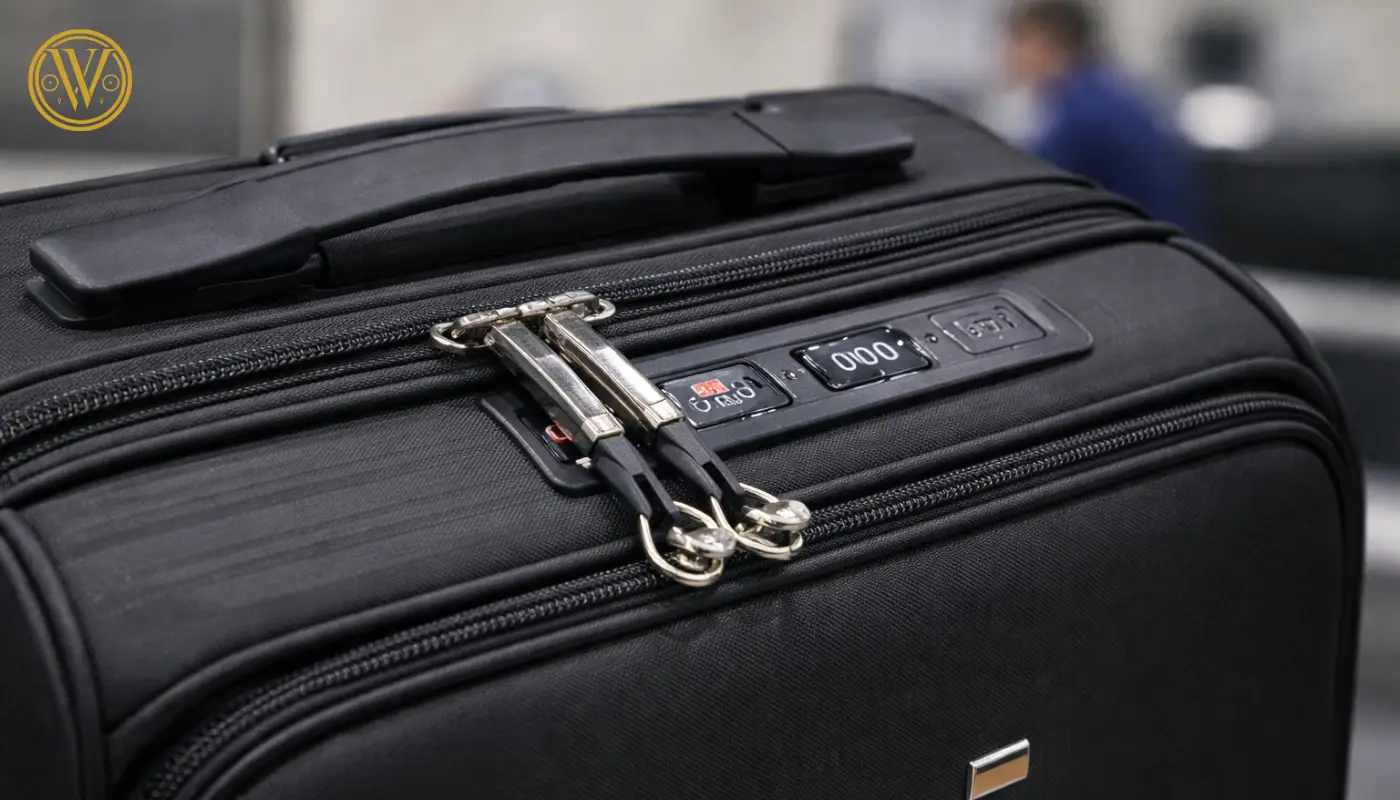 A close-up shot of an integrated TSA combination lock and high-quality zippers on a black lightweight cabin trolley.