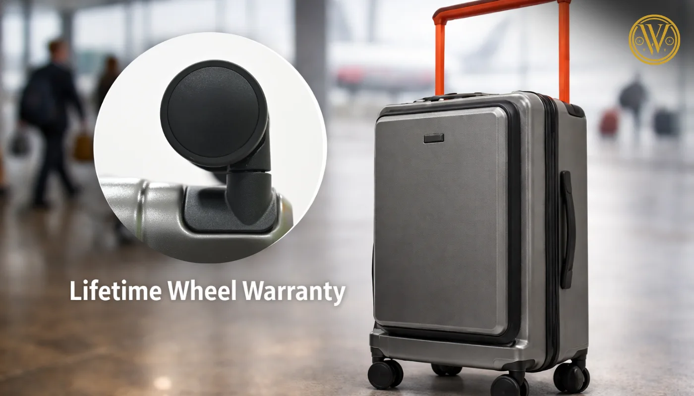 A detailed view of a 360-degree spinner wheel on a silver lightweight cabin trolley with a "Lifetime Wheel Warranty" badge.