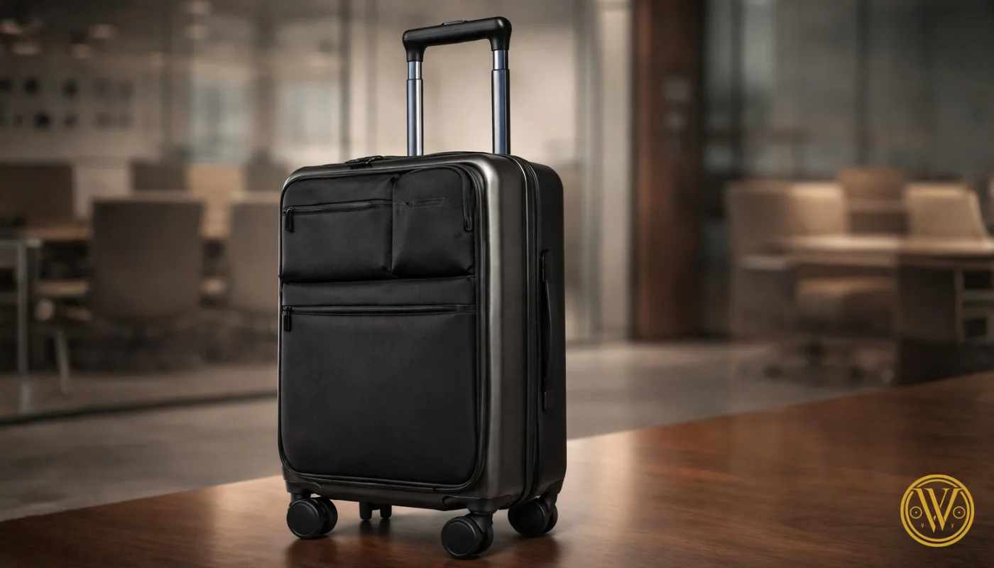 A charcoal grey lightweight cabin trolley featuring multiple front zipper pockets for easy access to travel documents.