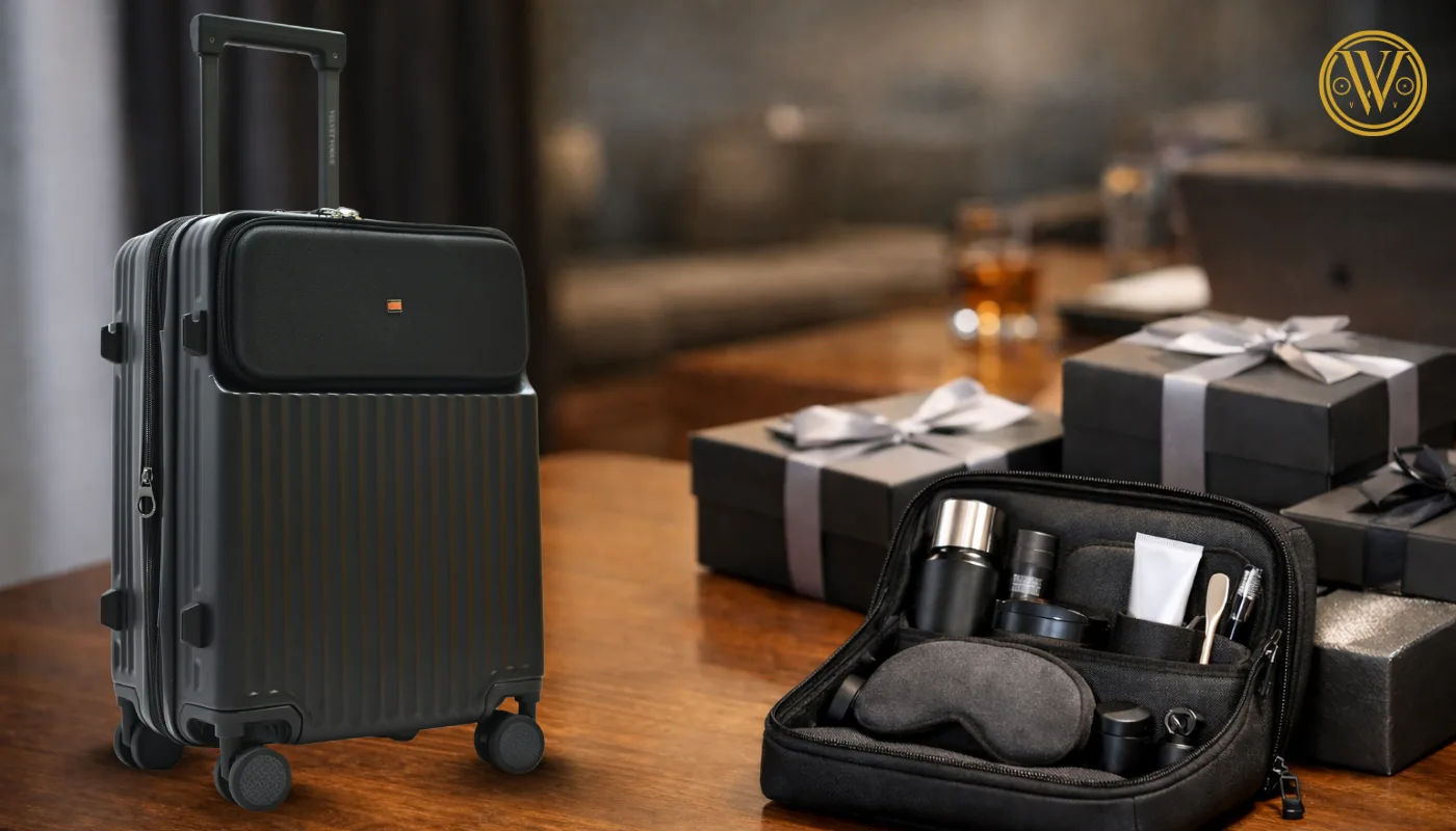 A black lightweight cabin trolley luggage next to an open grooming kit and gift boxes on a wooden table.