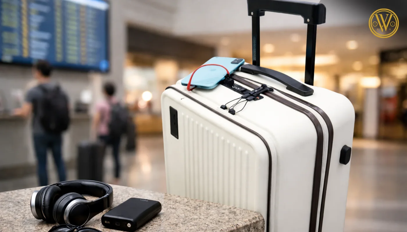 A close-up of a white lightweight cabin trolley featuring a built-in USB charging port with a phone and headphones nearby.