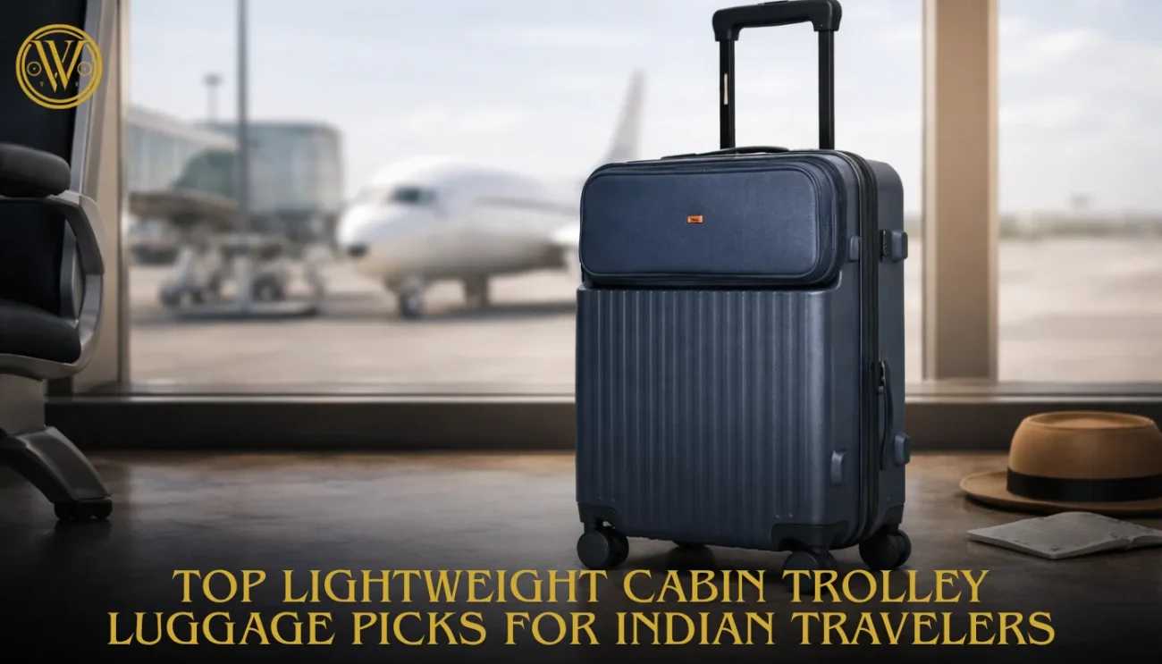 A navy blue lightweight cabin trolley luggage with a front laptop compartment standing in an airport terminal with a plane in the background.