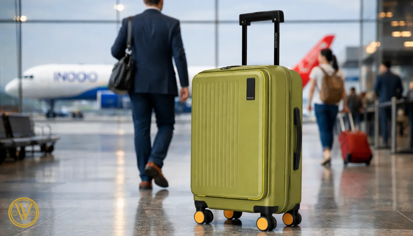 A stylish olive-green lightweight cabin trolley with orange-accented spinner wheels standing in a busy airport terminal with a traveler and airplane in the background.
