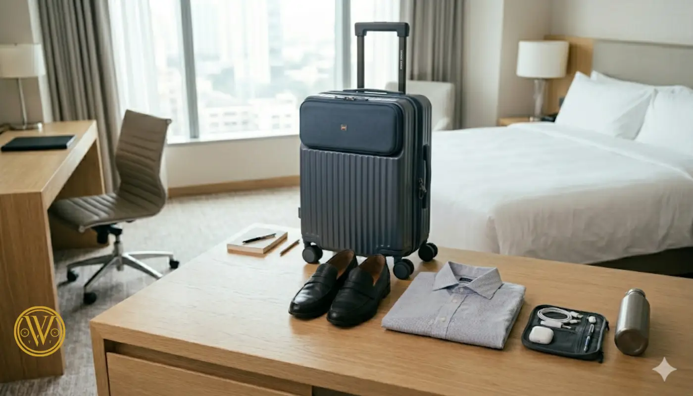 A dark grey cabin trolley bag placed in a hotel room next to essential business attire, shoes, and a tech organizer, illustrating smart packing for short trips.