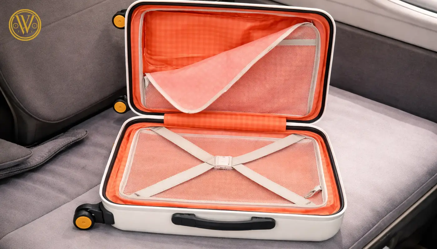 An open premium cabin suitcase showing organized internal mesh compartments and compression straps designed for efficient packing and space-saving hacks.