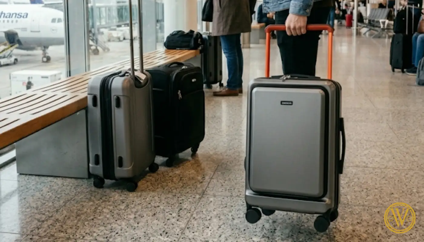 A traveler effortlessly navigating a busy airport terminal with a sleek, silver hardshell cabin trolley bag, demonstrating the benefits of traveling light with carry-on luggage.