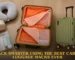A flat-lay view of an olive green suitcase with various travel accessories including a neck pillow, toiletry bag, and TSA-approved liquid containers with the text "Pack smarter using the best cabin luggage hacks ever."