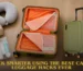 A flat-lay view of an olive green suitcase with various travel accessories including a neck pillow, toiletry bag, and TSA-approved liquid containers with the text "Pack smarter using the best cabin luggage hacks ever."
