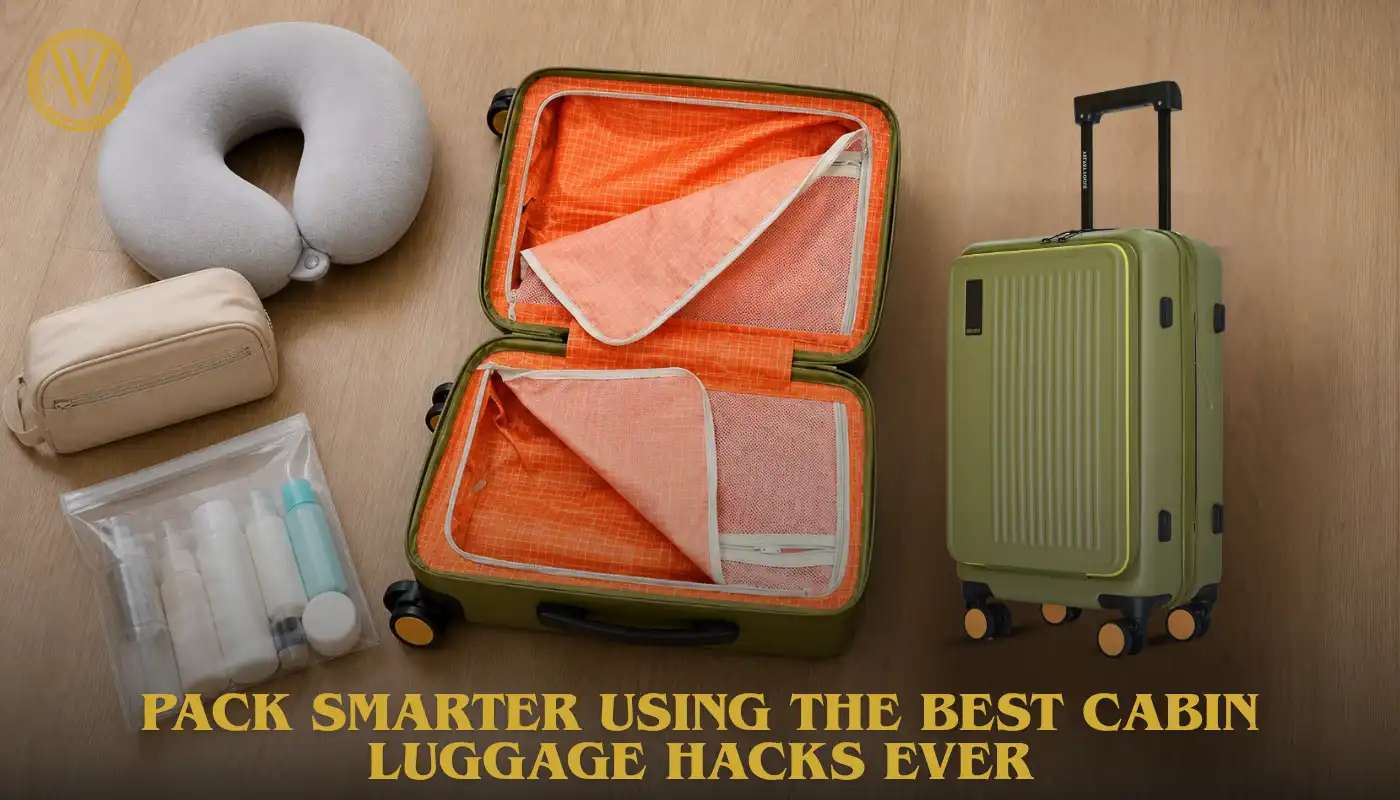 A flat-lay view of an olive green suitcase with various travel accessories including a neck pillow, toiletry bag, and TSA-approved liquid containers with the text "Pack smarter using the best cabin luggage hacks ever."
